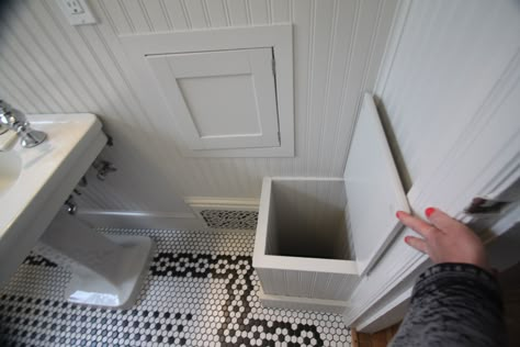 Laundry chute Small Attic Renovation, Laundry Shoot, Laundry Chute, Laundry Room/mud Room, Renovation Diy, Beautiful Home Gardens, Cabinet Detailing, Laundry Room Bathroom, Attic Bathroom