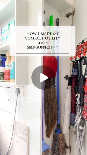 Neha Agarwal on Instagram: "This new compact broom cupboard along with a washing supplies cabinet in a matching glossy white laminate have made my utility room absolutely Self-sufficient. Here's what went into making them compact yet useful.   १. I kept the height of the broom cupboard at 7 feet as I felt any kind of mops/brooms/dusting rods should be accomodated here. The bottom part of this cabinet is open to facilitate the movement of excess water dripping from the mops directly into the drain pipe below, keeping the cabinet odour free.  २. The depth behind the door is only 7 inches, which meant I had to take in maximum space for utility. With a wooden carcass and a door outside, I got 5 inches of depth inside which was enough for housing the brooms, mops and dusters. ३. The width insid Broom Storage Diy, Organized Broom Closet, Bathroom Mop Storage, Broom Storage Small Space, Hide Broom And Mop Ideas, Cleaning Supplies Cabinet, Utility Cabinet Kitchen, Storage For Brooms And Mops, How To Store Brooms And Mops