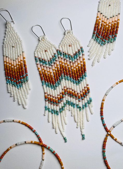 Handmade Boho Fringe Earrings made by Artisan Betty Conant one seed bead at a time.  These beaded Fringe Earrings hang about 4" long and sway beautifully. Sterling silver ear hooks Inspired by Native American Design. Native Seed Bead Earrings, Native Beaded Earrings Patterns, Seed Bead Earrings Ideas, Native Beading Patterns Design, Fringe Beaded Earrings Pattern, Fall Beaded Earrings, Bead Earring Patterns, Diy Beaded Earrings, Seed Bead Patterns Free