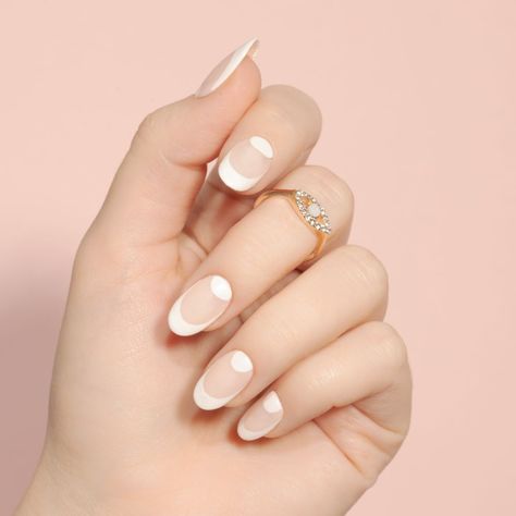 Wedding-Ready: White Half-Moon Nails with French Tips - Lulus.com Fashion Blog Half Moon With Tip Nail Design, Halo French Nails, Half Moon French Tip Nails, Half Moon French Nails, Moon French Tip Nails, White Half Moon Nails, Moon On Nails, Half Painted Nails, Half Moon Nail Designs