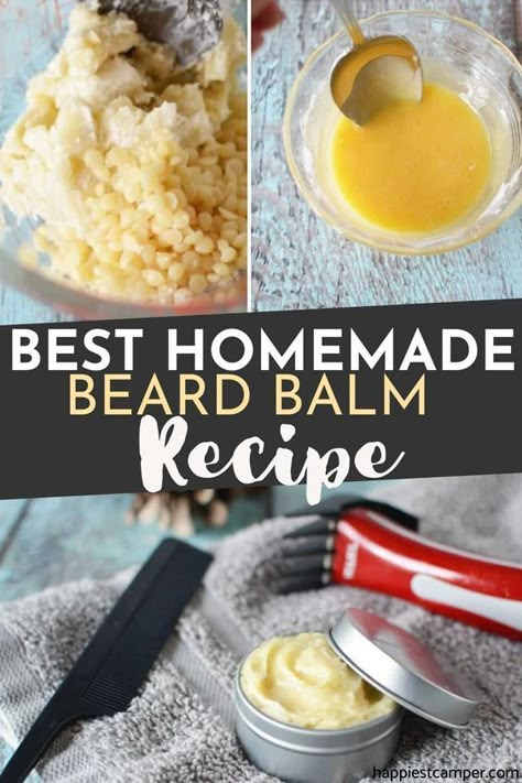 Running low on hubby's usual beard balm but you want him to look dapper before your next date? Why not learn how to make this homemade beard balm from scratch! Check out the full recipe to get started. My husband loves this stuff. It smells better and works longer than the store bought stuff. DIY beard balm. Best Homemade Beard Balm Recipe Beard Mask Recipe, How To Make Beard Balm, Beard Balm Diy Recipes For Men, Beard Balm Tallow Recipe, Tallow Beard Balm, Beard Butter Recipe Diy, Beard Butter Recipe, Beard Balm Diy Recipes, Homemade Beard Balm