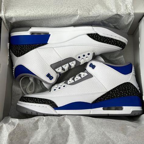 Air Jordan 3 Retro - White/Racer Blue (New - Unworn) Jordan 3 Blue, Jordan 3 Racer Blue, Ig Store, Jordan 3s, Trendy Shoes Sneakers, Nike Shoes Girls, Nike Fashion Shoes, Jordan Shoes Retro, Jordan 3 Retro