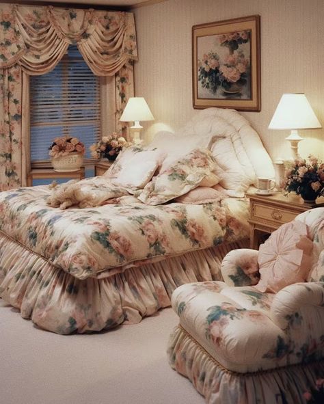 Vintage 90s Bedroom, Bed Sheetz, 1980s Bedroom, 1980s Interior Design, 90s Interior Design, 1980s Interior, Cottage Bedrooms, 90s Interior, 90s Bedroom