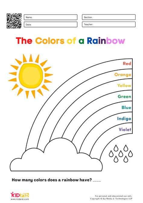 Rainbow Coloring Pages for Kids Learning Sheets For Kids, Rainbow Worksheet For Kindergarten, Colours For Kids Worksheet, Colors Worksheets For Kids Kindergarten, Rainbow Worksheet Preschool, Colours Activities For Kids, Colours Worksheet For Kids, Rainbow Colouring Pages, Rainbow Activities Preschool