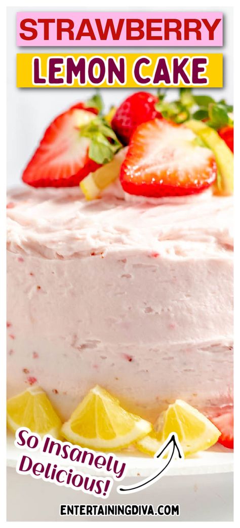 Strawberry Lemon Cake Strawberry Lemon Wedding Cake, Lemon Strawberry Cake Recipe, Strawberry Lemon Cake Mix Recipes, Lemon Cake With Strawberries, Lemon Cake With Strawberry Filling, Strawberry Lemonade Cake Recipe, Lemon Strawberry Cake, Cake With Strawberry Frosting, Homemade Lemon Cake