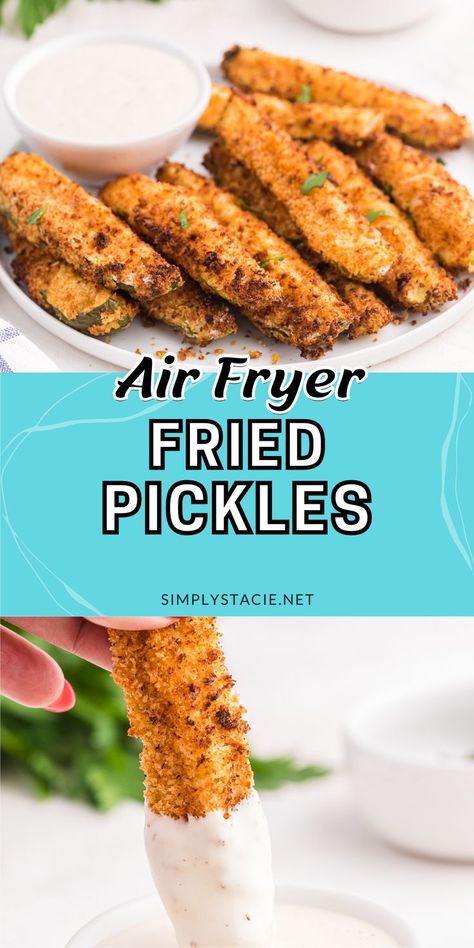 Two image collage of air fryer fried pickles. First image is a plate of the recipe. Second image is a fried pickle being dipped into ranch dressing. Air Fryer Ranch Pickles, Airfryer Pickles, Fried Pickle Balls Air Fryer, Air Fried Pickle Spears, Game Day Appetizers Air Fryer, Best Fried Pickles Recipe Air Fryer, Fried Pickle Spears Air Fryer, Diy Fried Pickles In Air Fryer, Healthy Fried Pickles Air Fryer