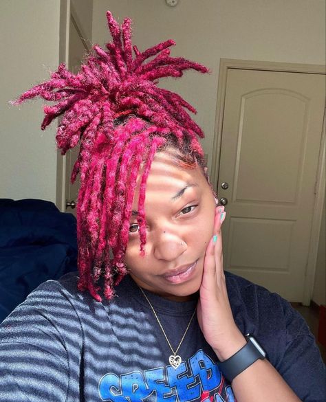 Pink Locs Hairstyles, Dark Pink Locs, Pink And Red Locs, Magenta Locs, Hot Pink Locs, Latest Dreadlocks Styles, Dreadlock Inspiration, Pink Locs, Loc Colors