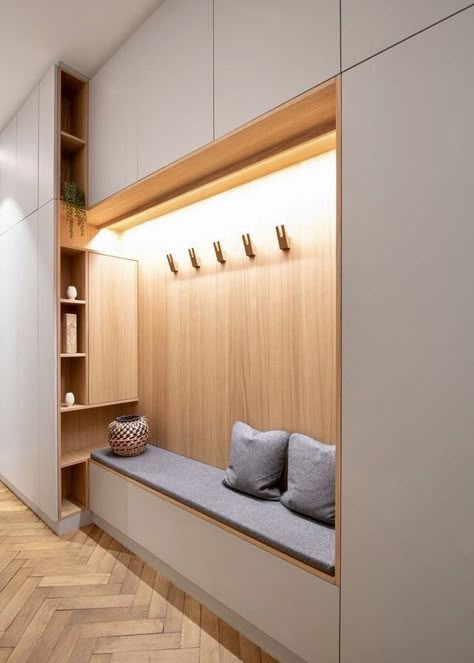 Storage With Seating, Vstupná Hala, Hallway Seating, Integrated Lighting, Entrance Furniture, Apartment Studio, Home Hall Design, Kitchen Seating, Canvas Diy