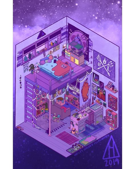 Hailey Holder on Instagram: “Hey real quick, guess my favorite color ! 💜 #hhaylayy” Bedroom Illustration, Whimsical Bedroom, Isometric Art, Sims House Design, Cute Room Ideas, Fantasy House, Real Quick, My Favorite Color, Interior Design Art