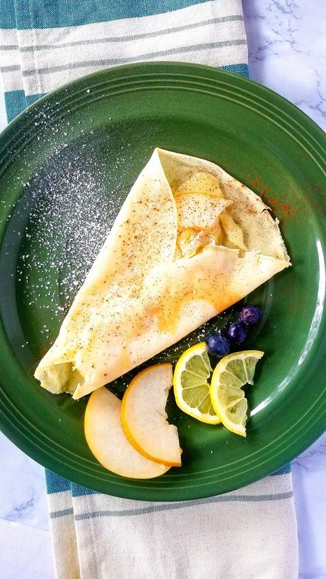 Asian Pear, Brie, and Cinnamon Crepes | GradFood Brie And Pear, Cinnamon Crepes, Pear Brie, Asian Pears, Egg Tomato, Shakshuka Recipes, Crepe Recipe, Pear Dessert, Crepes Recipe