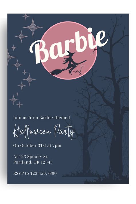 The invite is a muted navy. Two spooky, Halloween-inspired, dark navy trees are in the foreground. At the top, a Barbie witch on a broomstick flies in front of a pink moon emblazoned with the Barbie logo. All you see is Witch Barbie's outline. Dusty pink stars are positioned next to the moon. White text is in the lower lefthand corner, listing customizable details for the Halloween party. When you purchase this Canva template, you can customize all text, colors, and more. Gothic Themes, Barbie Halloween, Barbie Theme, Halloween Party Themes, Barbie Party, Halloween Party Invitations, Barbie And Ken, Barbie World, Birthday Party Themes