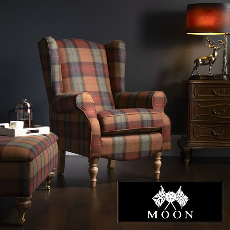 With three gorgeous wood finishes, two different leg heights and three different sizes available; the Glenmore Fireside Chair offers diverse options and incredible comfort, not forgetting stylish good looks.  The elegant wings and padded arms ensure the highest levels of comfort whilst providing a contemporary feel. Pine Sunroom, Tartan Chair, Strandmon Chair, Den Furniture, Comfort Chair, Reading Chairs, Antique Oak Furniture, Traditional Family Room, English Cottage Decor