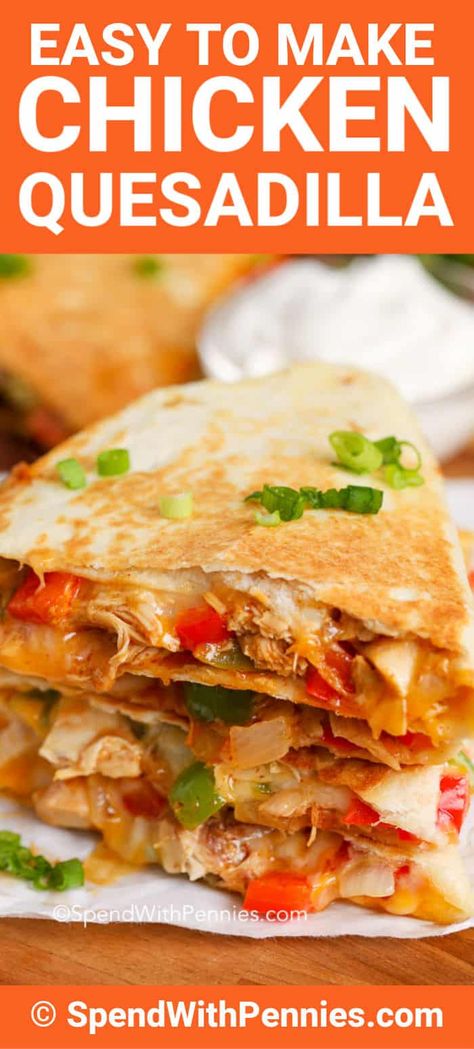 Chicken quesadillas are a great dinner or after school snack. Made with shredded chicken and cheese they are gooey on the inside and crisp on the outside! Whether baked or grilled they are sure to be a hit! #spendwithpennies #chickenquesadilla #athome #easyrecipe #Mexican #grilled #baked #shreddedchicken Quesadilla Recipes Easy, Slow Cooker Shredded Chicken, Chicken Quesadilla Recipe, Chicken And Cheese, After School Snack, Spend With Pennies, Quesadilla Recipes, Chicken Quesadillas, School Snack