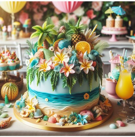 Tropical Party Cake, Hawaii Cake, Tropical Cake, Bday Quotes, Party Cake Ideas, Beach Cake, Fantasy Cake, Beach Cakes, Magic Cake