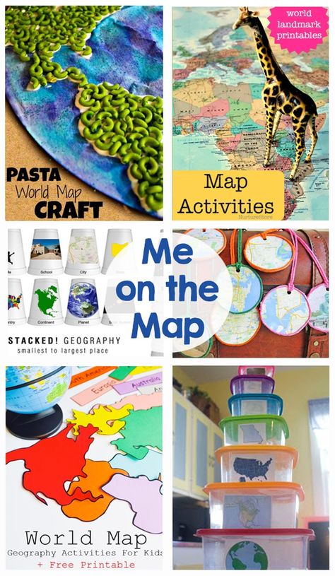 Me on the Map - Activities, games, crafts, printables - So many activities to keep the kids busy and active this summer! Map Activity Preschool, Me On The Map Kindergarten, Preschool Maps Activities, World Map Craft, Map Crafts For Kids, World Map Crafts, Continents Activities, Me On The Map, Montessori Geography