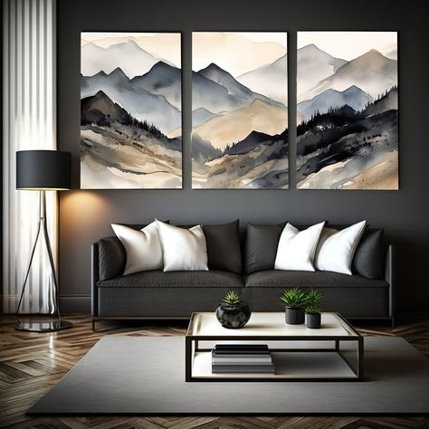 Featuring a watercolor abstract black and beige mountain landscape art piece that is divided in 3 different prints. Each print showcases a different section of the mountain landscape, divided into three panels to create a striking visual impact when displayed together. The intricate details and vibrant colors of the watercolor painting are sure to catch your eye and elevate any room in your home. Displayed on a living room, bedroom, big office, dining area, any creative workspace. 3 Canvas Art Ideas, Three Piece Wall Art Abstract, Painting Three Canvas, Three Paintings Canvas Ideas, Multiple Canvas Art, Office Dining Area, Watercolor Mountain Landscape, Multiple Canvas Paintings, Big Office