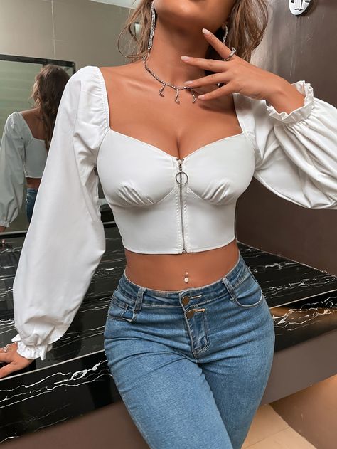 White Elegant  Long Sleeve Polyester Plain Shirt Embellished Non-Stretch Spring/Summer Women Tops, Blouses & Tee Satin Blouse Outfit Jeans, Crop Top Blouse Designs Latest, Crop Top Shirt Outfits, Crop Top Designs Latest, Baile Outfits, Satin Blouse Outfit, Blouse 2023, Blouse Tops Designs, Milkmaid Top