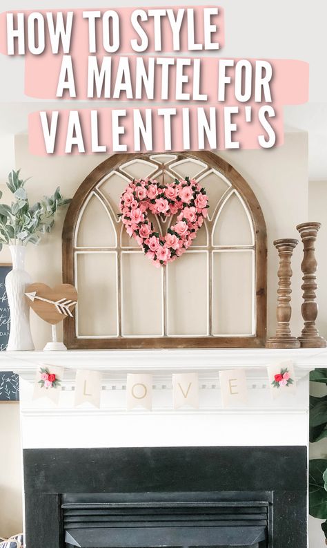 fireplace mantel with heart wreath and love banner Nordic Valentines Decor, Mantle Valentine Decorating Ideas, Tasteful Valentine Decor, Valentine Mantle Ideas, Valentines Day Mantel Decor, Valentine Mantle Decorating Ideas, Valentines Mantle Decor Farmhouse, February Mantle Decor, Valentine Mantel Decorating Ideas