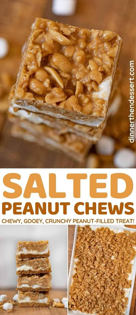 Salted Peanut Chews are a combination of peanut butter cookies, Rice Krispies, and peanut butter brittle. #dessert #peanuts #marshmallows #ricekrispies #peanutchews #desserttreats #peanutbutterdessert #dinnerthendessert Dry Roasted Peanuts Recipe Desserts, Crushed Peanut Recipes, Peanut Butter Chews Recipes, Disneyland Peanut Butter Squares, Salted Peanut Bars, Unsalted Peanuts Recipes, Circus Peanuts Candy Recipe, Salted Peanuts Recipes, Recipes With Peanut Butter Chips