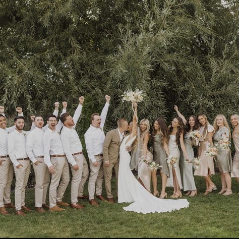 Rustic Boho Wedding Groomsmen, Groomens Attire Sage Green, Beige Groomsman Suit, Beige Groom And Groomsmen, Bridal Party Tan Suits, Groomsmen Beige Pants White Shirt, Beige Bridesmaid And Groomsmen, Sage Green And Champagne Wedding Groomsmen, Wedding Tan Suits Groomsmen