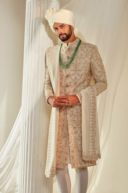 Buy Ivory Raw Silk Embroidered Dabka Botanical Pattern Sherwani Set For Men by Rachit Khanna Online at Aza Fashions. Off White Sherwani Grooms, Ivory Sherwani Grooms, Indian Men Wedding Outfit, Wedding Sherwani For Groom Latest, Rachit Khanna, Sherwani Groom Wedding, Sherwani For Men Wedding, Men's Wedding Outfit, Sherwani Groom