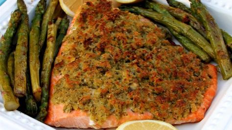 Salmon fillets are topped with a mouthwatering basil and lemon thyme crust and baked in a Panasonic CIO to make this elegant main dish. Thyme Salmon, Salmon With Basil, Fish Tagine, Tagine Recipes, Bbq Chicken Wings, Lemon Thyme, Crusted Salmon, Baked Salmon Recipes, Healthy Fish