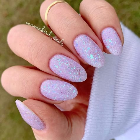 Pearl Lavender Nails, Lavender Nails With Sparkle, Glittery Lavender Nails, Icy Purple Nails, Sparkly Purple Nails Lavender, Lavender Haze Nails Taylor Swift, Lavender Winter Nails, Purple Glitter Almond Nails, Lavender Nails Glitter