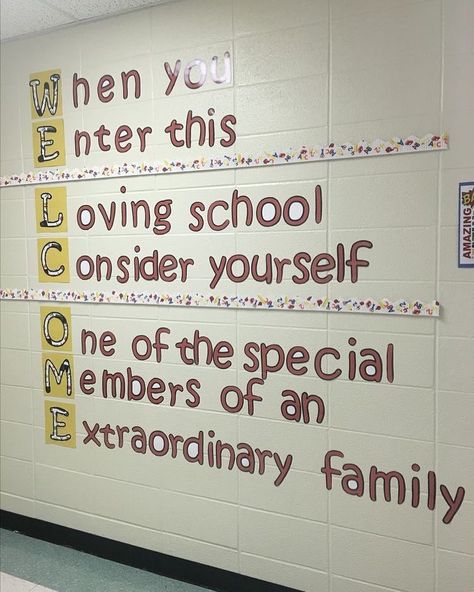 In this display at educator @bethanyhill1's school, "W" is for warmth, walls and welcoming students. . #T2T #Welcome #TeachersOfInstagram… School Hallway Decorations, School Office Decor, School Entrance, School Hallways, School Culture, School Wall Art, School Murals, School Displays, Classroom Bulletin Boards