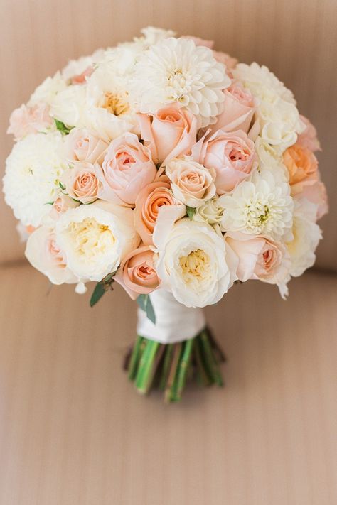 Sparkling Blush and Champagne Wedding in an Apple Orchard | Hey Wedding Lady Wedding Bouquet Champagne, Bridal Bouquet Peach, Peach Wedding Bouquet, Orange Bridal Bouquet, Ivory Bridal Bouquet, Bridal Bouquet Summer, Wedding Themes Summer, Colorful Wedding Flowers, Summer Wedding Bouquets