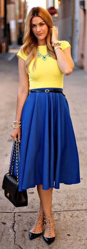 Long Skirt And Top, Cute Birthday Outfits, Spring Work Outfits, Birthday Party Outfits, Yellow Shirt, Outfit Trends, Fashion Weeks, Work Outfits Women, Blue Skirt