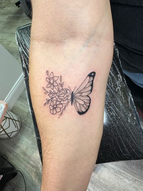 September Birth Flower Tattoo With Butterfly, Butterfly Tattoo With Carnations, October Flower With Butterfly Tattoo, June Butterfly Tattoo, December Birth Flower Butterfly Tattoo, Chrysanthemum Tattoo With Butterfly, Flower Mom And Daughter Tattoos, Birth Flower Bouquet Tattoo With Butterfly, In Loving Memory Butterfly Tattoos