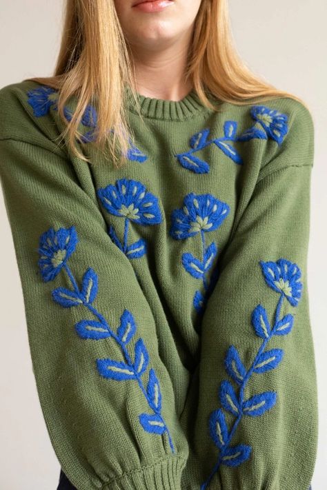 Sweater With Embroidery, Embroidered Jumper, Flowers Embroidered, Basic Long Sleeve Tee, Embroidery Sweater, Wool Embroidery, Tiny Cottons, Embroidered Sweater, Winter Weather