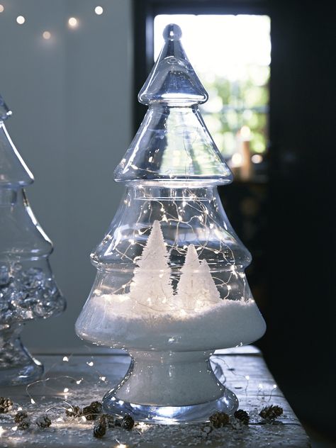 Gorgeous glass Christmas tree display jar from Cox & Cox Mini White Christmas Tree, Jar Decorating Ideas, Christmas Tree Jar, Glass Christmas Trees, Snowy Christmas Tree, White Christmas Trees, Christmas Jars, Christmas Accessories, Glass Christmas Tree