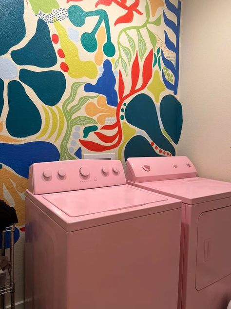 Maximalist Design and Decor | I painted a mural in my laundry room and spray painted my washer and dryer last year | Facebook Washer And Dryer Makeover, Paint Washer And Dryer, Painted Washer And Dryer, Painting Washer And Dryer, Maximalist Laundry Room, Pink Washer And Dryer, Pink Laundry Room, Pink Laundry Rooms, Maximalist Design