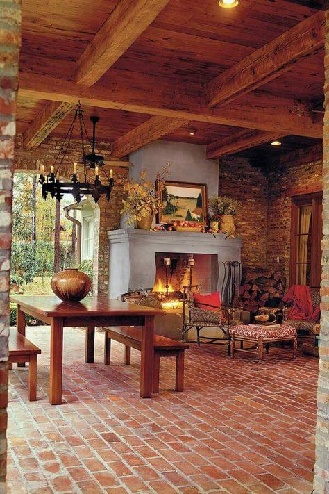 Consider arched brick--more like old cellar than porch Brick Porch, Balkon Decor, Casa Exterior, Outside Living, Fireplace Ideas, Ideas Patio, Outdoor Porch, Style At Home, Outdoor Fireplace