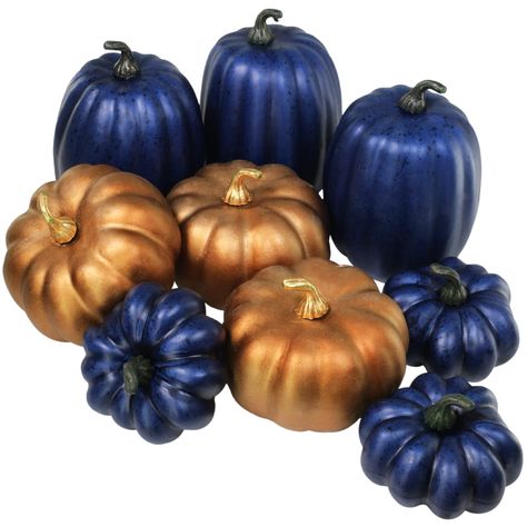 PRICES MAY VARY. Quantity: Package includes 6 pcs Artificial Navy Blue Pumpkins and 3 pcs Artificial Bronze Pumpkins in assorted shapes and sizes. They look great on their own or paired with other seasonal items for your Halloween and Harvest decoration. Color: Foam pumpkins feature characteristic pumpkin shapes, and some are painted in metallic bronze gold color while the others are navy blue with black speckles. The bronze pumpkins are topped with gold stems and the blue pumpkins with green st Harvest Table Centerpieces, Blue Fall Decor, Halloween Table Centerpieces, Decorative Bowl Filler, Decorative Pumpkins, Blue And Bronze, Artificial Pumpkins, Foam Pumpkins, Wedding Themes Fall