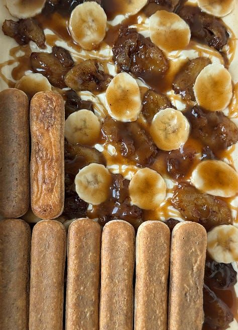 bananas foster tiramisu Raw Banana, Pasture Raised Eggs, Caramelized Bananas, Dessert Bites, Bananas Foster, Birthday Desserts, Banana Slice, Dark Rum, Bean Paste