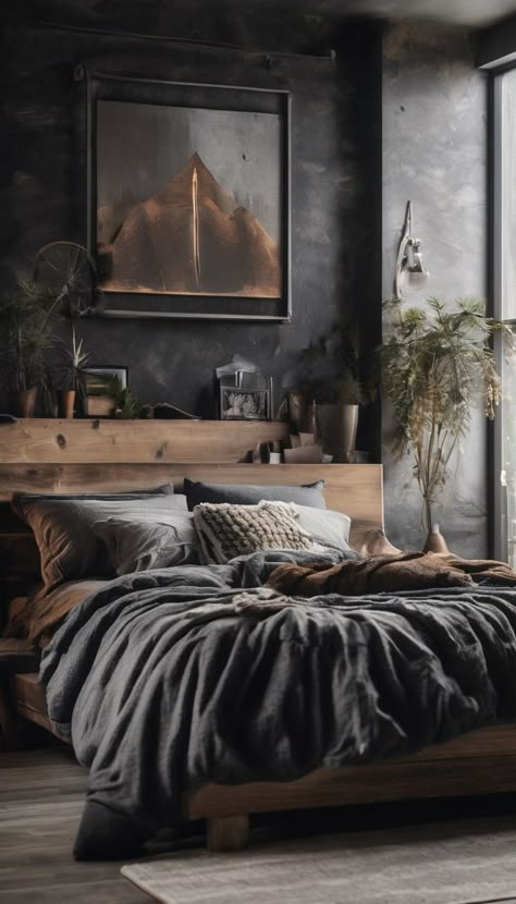 Hyperrealism dark interior of a boho design bedroom with bed and modern minimalistic wall art Industrial Romantic Bedroom, Dark Bedroom With Fireplace, Rustic Home Interiors Bedroom, Masculine Dark Bedroom, Minimal Moody Bedroom, Charcoal Wall Bedroom, Dark And Dreamy Aesthetic, Boho Masculine Bedroom, Dark Lime Wash Bedroom