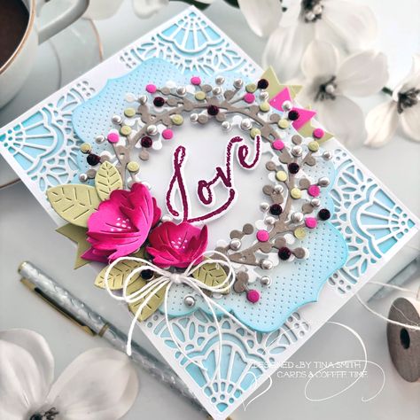 Papertrey Ink – Into the Blooms: Wreath | Cards and Coffee Time Card Wreath, Valentines Day Card Ideas, Dimensional Cards, Be Bold Blooms, Wreath Cards, Her Background, Card Stamping Ideas, Papertrey Ink Cards, Celestial Decor