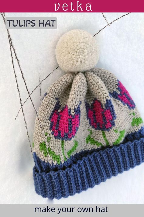 Tulip Hat Crochet Pattern, crocheted hat, crochet beanie, tulips Tulip Hat Crochet Pattern, Tulip Hat Crochet, Beanie Patterns Crochet, Tulip Hat, Crochet Ribbing, Make Your Own Hat, Intarsia Crochet, Crochet Tulip, Fair Isle Hat