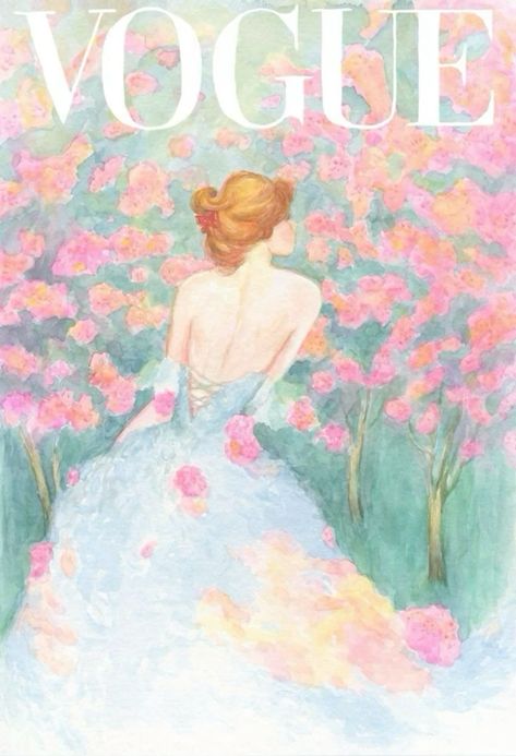 spring fling, sweet pea, spring, flowers, floral, colourful, pastels, roses, tulips, garden, bouquets, painting, sunny, shades of pink, feminine, girl next door, teenage girl, teenagehood, blonde, it girl, alexandra saint-mleux, lily rose-depp, matilda djerf, marie antoinette, claude monet, paris, france, amsterdam, spring fashion, outfits, designer, manolo blahnik, loveshackfancy, house of cb, djerf avenue, zimmermann, dior, aesthetic Vogue Painting Ideas, Vogue Covers Drawing, Watercolor Art Fashion Illustrations, Vintage Vogue Posters, Blue Vogue Covers, Vogue Aesthetic Poster, Pinboard Ideas Aesthetic, Posters Vogue, Vogue Watercolor