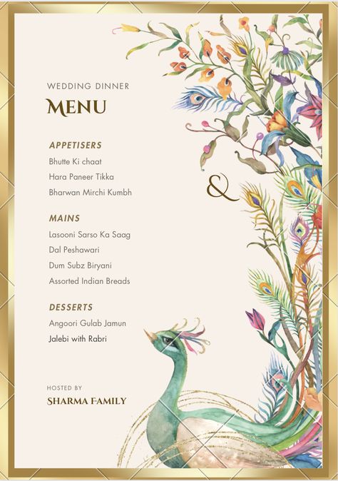 Customise this beautiful dinner/lunch menu for free. Use it for wedding events or otherwsie Indian Wedding Dinner Menu Ideas, Lunch Event Ideas, Aesthetic Menu Card, Wedding Menu Ideas Food, Indian Menu Design, Wedding Menu Card Design, Menu Aesthetic, Indian Dinner Menu, Shadi Ideas