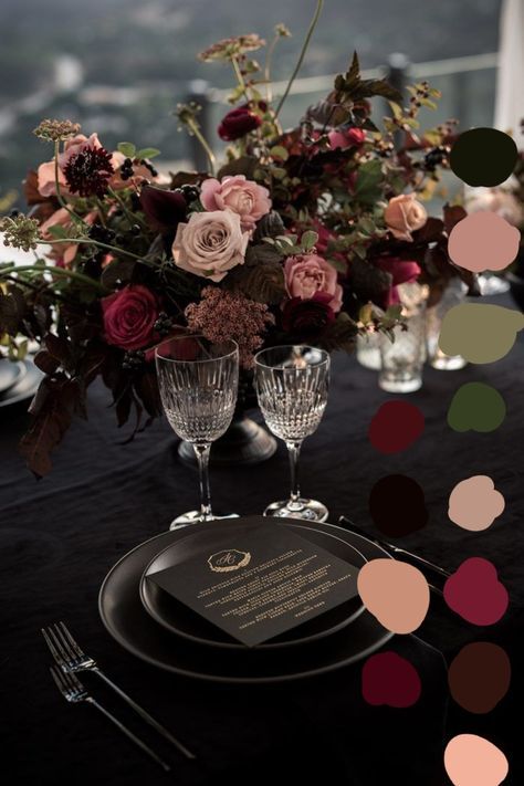 Dark Wedding Colors Colour Palettes, Dark Rustic Wedding Color Schemes, Wedding Color Combos Black, Black Wedding Palette Colour Schemes, Moody Spring Wedding Colors, Dark Purple Fall Wedding, Dark Summer Wedding Colors, Dark Plum Color Palette, Dark Romance Wedding Color Palettes