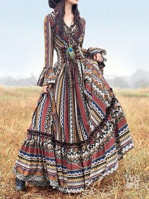 Long Sleeve Vintage Dresses, Vintage Cotton Dress, Vintage Long Dress, Vestidos Retro, Looks Country, Estilo Hippie, Mode Boho, Drawstring Dresses, Travel Dress