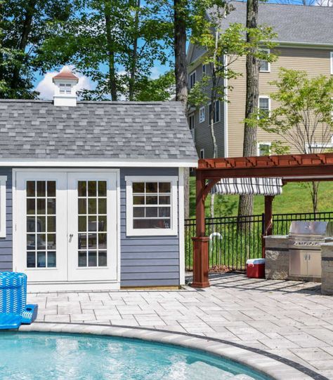 Family Pool Ideas, Pool Pump House, Pool House Backyard, Cape Cod Garden, Pool Sheds, Pool And Pool House Ideas, Small Pool Houses, Party Shed, Backyard Pool House