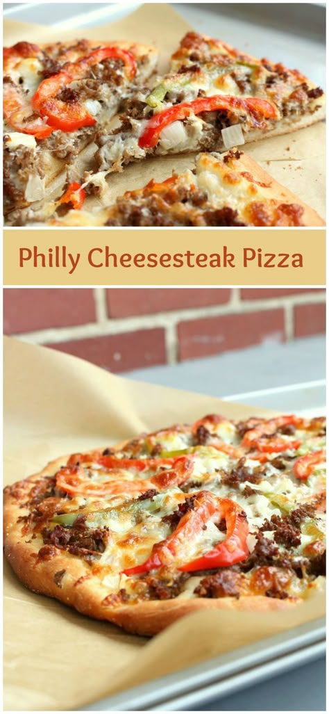 Philly Cheesesteak Pizza Philly Cheesesteak Pizza, Cheesesteak Pizza, Weeknight Dinner Recipes Easy, Philly Cheesesteak, Pizza Recipes Homemade, Flatbread Pizza, Weeknight Dinner Recipe, Philly Cheese Steak, Pizza Bread