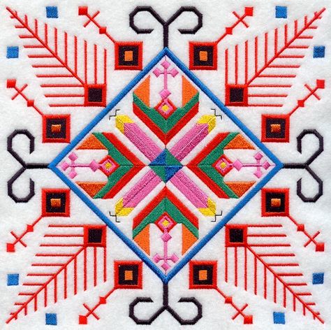 This design, inspired by folk embroidery, features vibrant colors and patterns replicating traditional motifs of Bulgaria. Redwork Embroidery, Traditional Motifs, Folk Embroidery, Antique Quilts, Embroidery Library, Embroidery Inspiration, Embroidery Techniques, Blackwork, Pattern Art