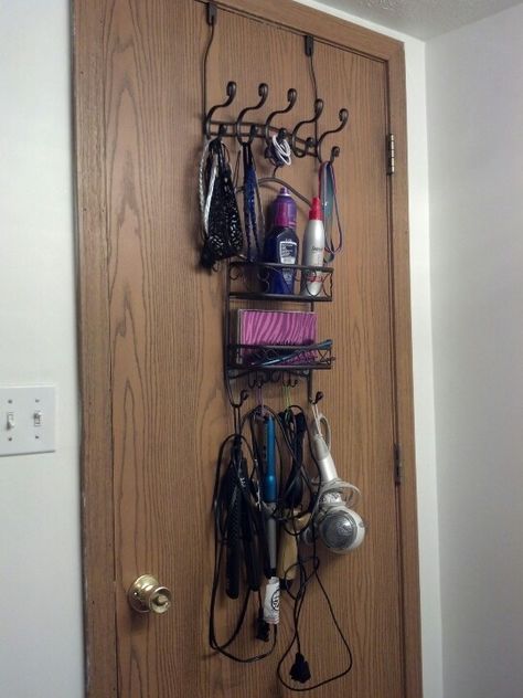 Hair Station Organization (behind the bathroom door): shower catty, over the door hooks and all my junk! Great for the apartment since storage is lacking :) Hair Station, Dream Dressing Room, Hair Stations, Hair Tool Organizer, Apartment Stuff, Over The Door Hooks, Hair Tool, Rental House, Bathroom Door