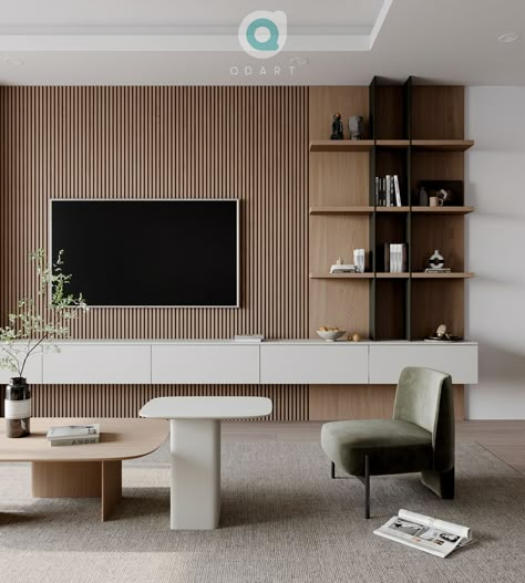 Floor To Ceiling Media Unit, Media Wall Scandi, Fluted Media Wall, Scandi Media Wall, Tv Wall Design Japandi, Muji Tv Cabinet, Fluted Tv Wall, Japandi Tv Room, Tv Wall Japandi