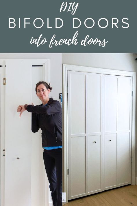 Bi Fold Doors To French Doors, Double Bifold Doors Into French Doors, Easy Bifold Door Makeover, Replacement For Bifold Doors Closet, Bifold French Doors Interior, Diy Bi Fold Closet Door Makeover, Bifold To French Doors, Bifold Doors To French Doors Diy, Convert Bifold Doors To French Doors